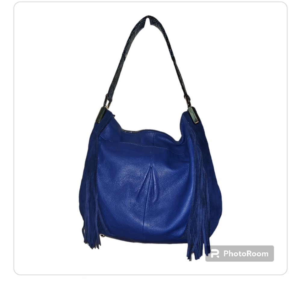 B Makowsky Blue shoulder bag with fringe. EUC NO CALL-OUTS